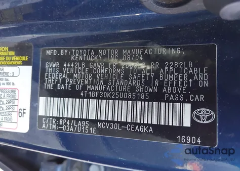 2005 Toyota Camry Xle V6 из США, поврежденный, VIN 4T1BF30K25U085185